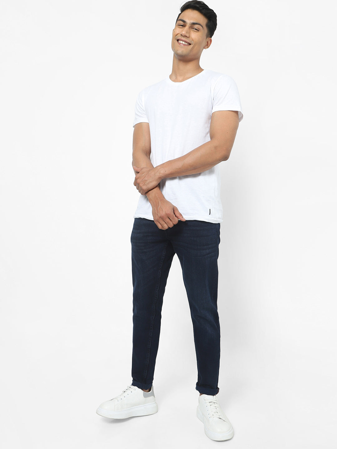 Men Slim Mid Rise Dark Blue Jeans