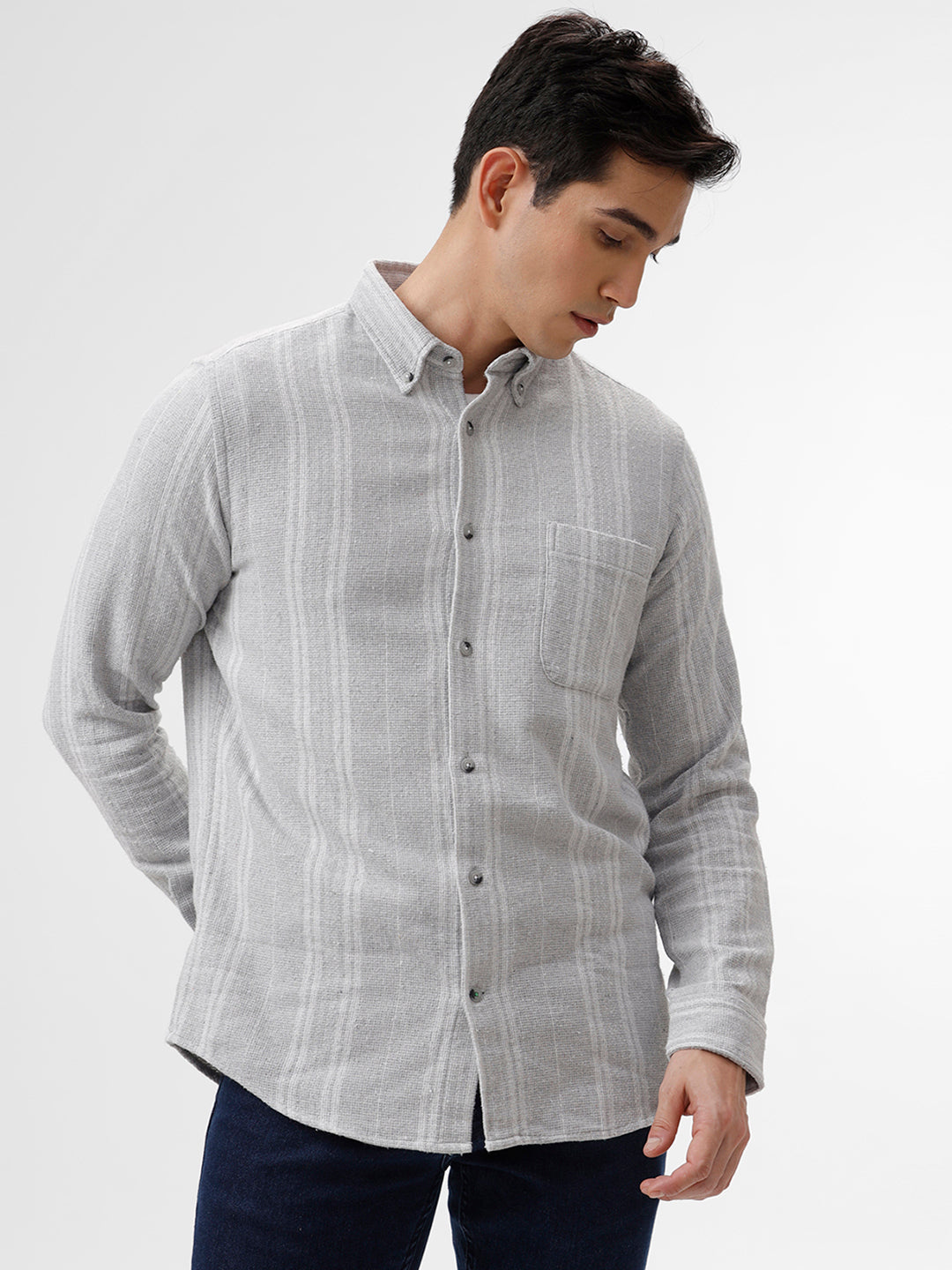 Men's Tuna White-Grey Striped Cotton Slim Fit Full Sleeves Spread Collar Casual Shirt