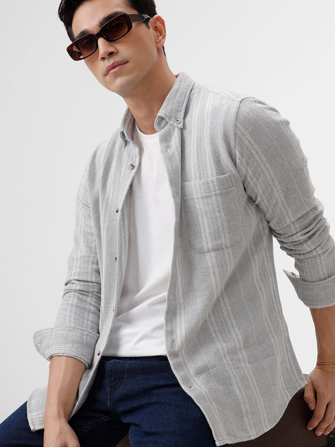 Men's Tuna White-Grey Striped Cotton Slim Fit Full Sleeves Spread Collar Casual Shirt